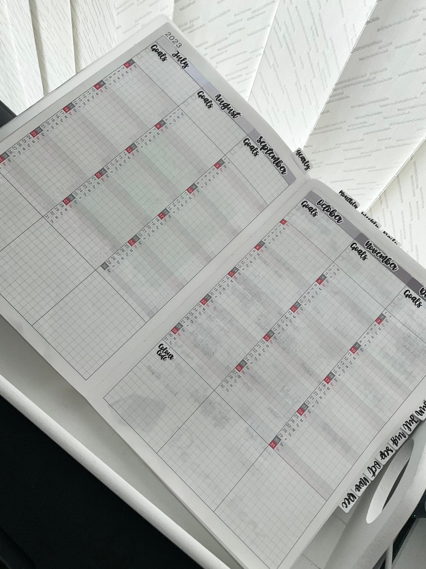 Monthly Labels In Font Six, Along with 'Goals' and 'Colour Code', Functional and Handmade Planner Sticker Sheets