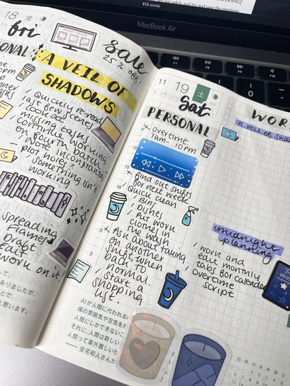 Sample of 2x Music Player and Daily Song tracker and 2x Simple Weekly Tracker, Functional and Handmade Planner Sticker Sheets
